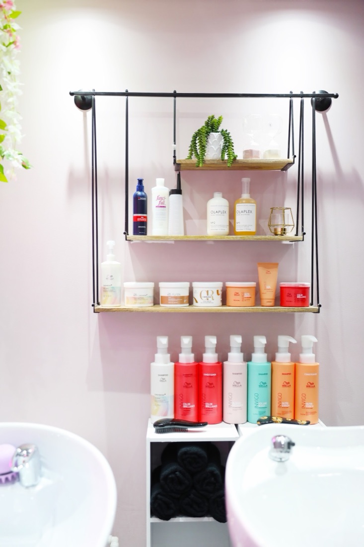 Shelves of Wella, Olaplex and Invigo professional hair products at MyBeautyHub